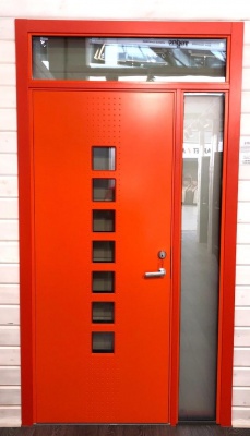 Теплая входная дверь SWEDOOR by Jeld-Wen Character Dots Eco с замком ABLOY LC200, оранжевая, цвет NCS S 0585-Y70R, М9*21, правая + ответная часть SLO 3*12 + фрамуга  OL 3*12