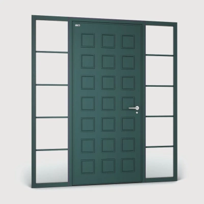 Уличная алюминиевая дверь с терморазрывом TX-13, с двумя боковыми фрамугами, RAL6009, М20*23, правая